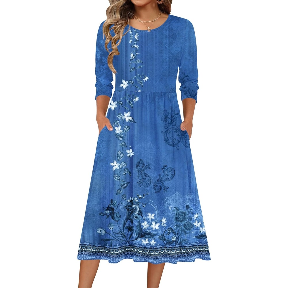 image:imageZeagoo 34 Sleeve Womens Dress Casual Flowy ALine Midi Tshirt Dresses with Pockets Crewneck Vocation Boho Beach SundressBlue Boho Print