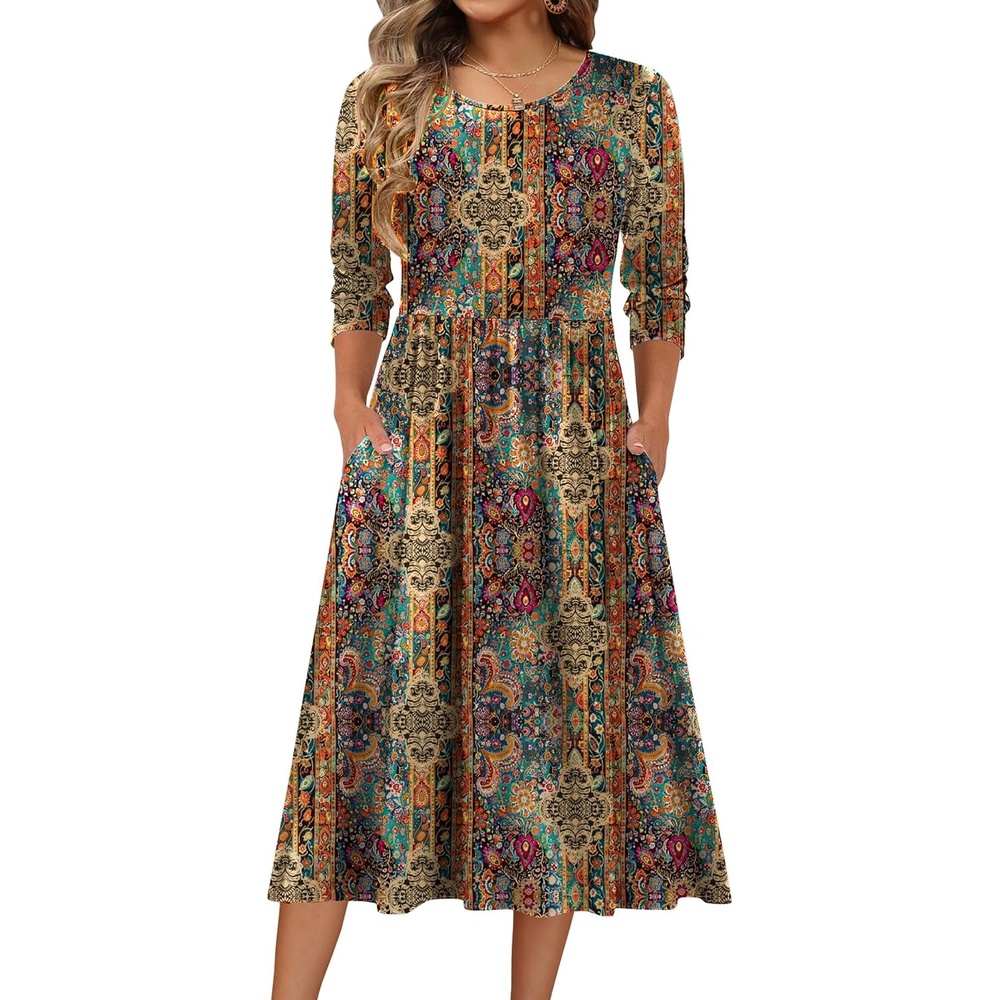 image:imageZeagoo 34 Sleeve Womens Dress Casual Flowy ALine Midi Tshirt Dresses with Pockets Crewneck Vocation Boho Beach SundressEthnic Boho Print