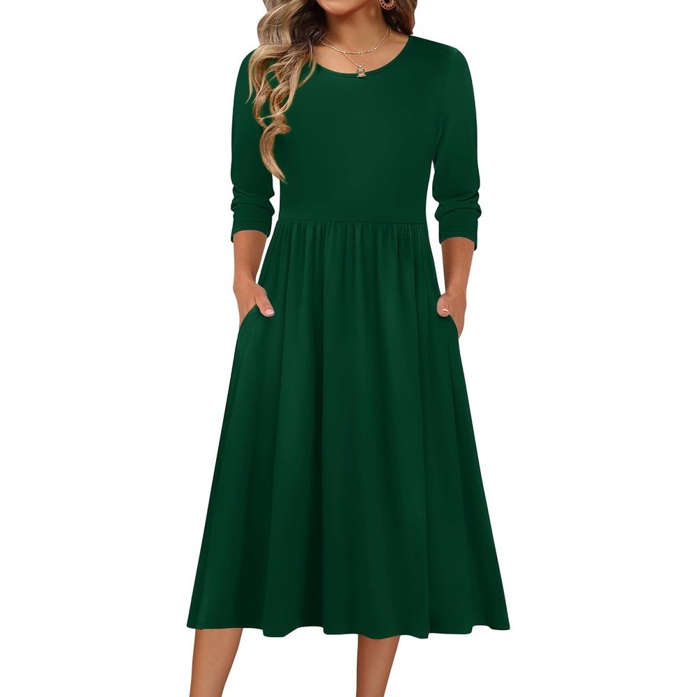 image:imageZeagoo 34 Sleeve Womens Dress Casual Flowy ALine Midi Tshirt Dresses with Pockets Crewneck Vocation Boho Beach SundressGreen