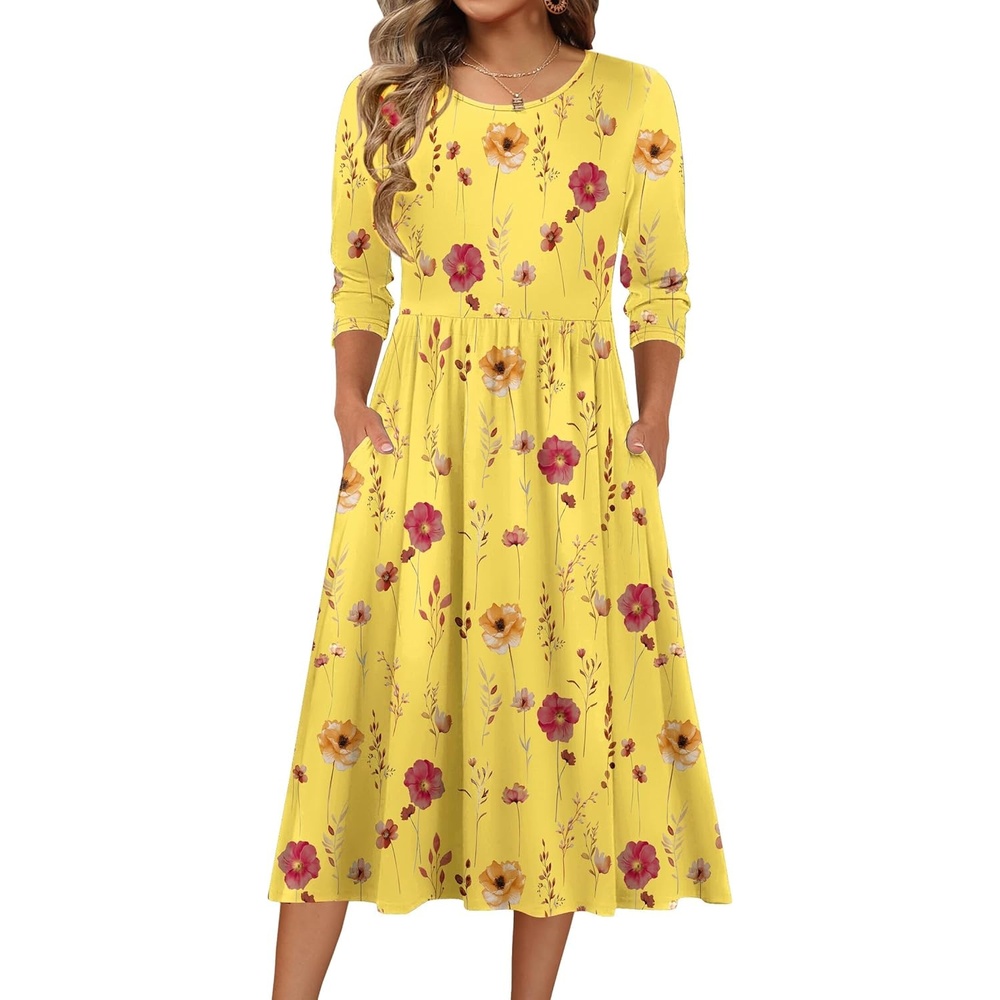 image:imageZeagoo 34 Sleeve Womens Dress Casual Flowy ALine Midi Tshirt Dresses with Pockets Crewneck Vocation Boho Beach SundressYellow Floral