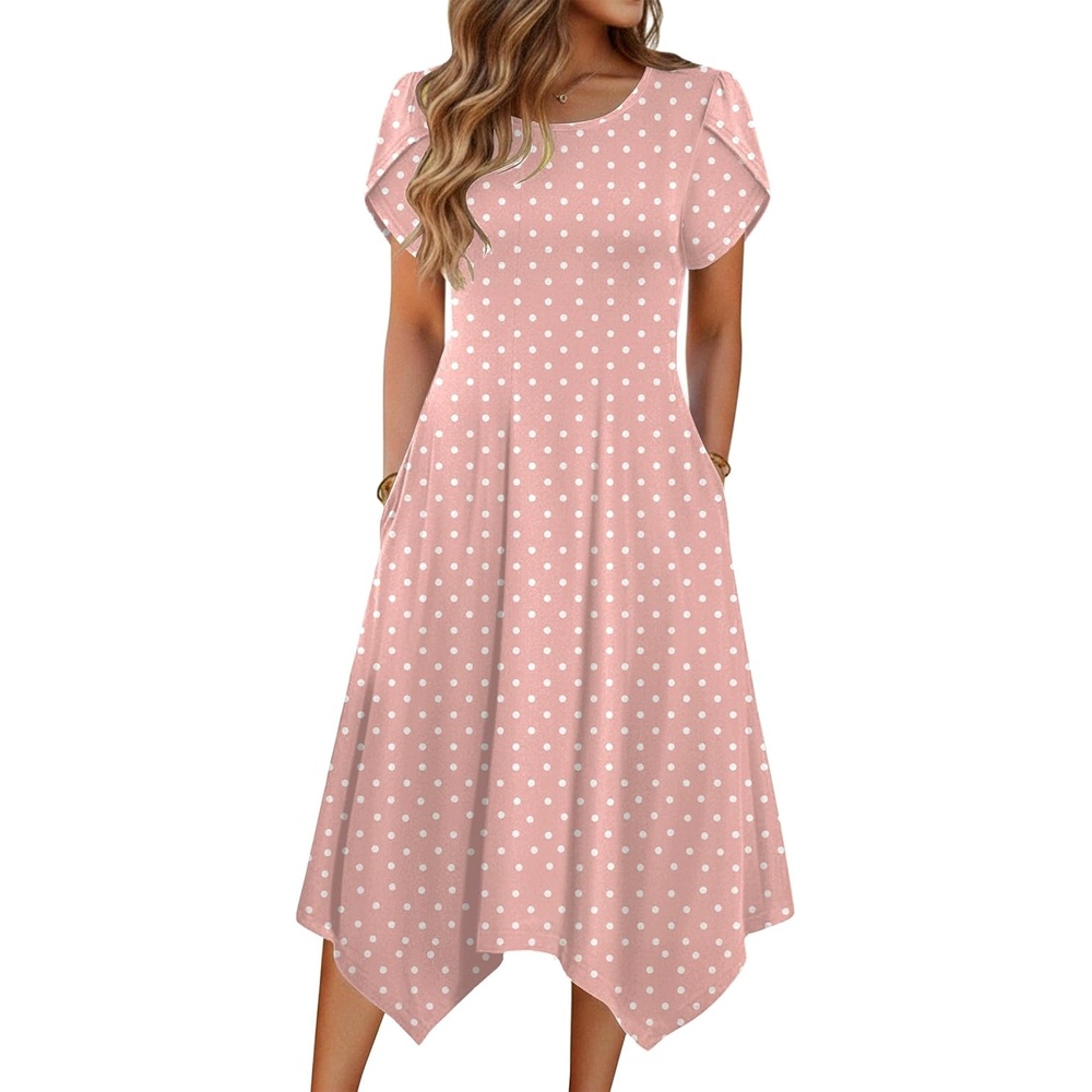 image:imageZeagoo Womens Casual Dress for Summer Short Sleeve Loose Flowy Beach Dress with Pockets Hankerchief Flare Midi Sundress 2026Pink Dot