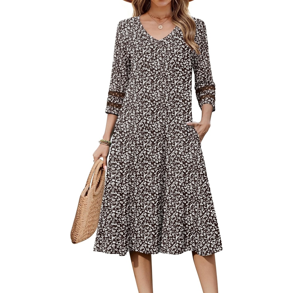 image:imageZeagoo Womens Dresses 34 Sleeve Summer Casual VNeck A Line Flowy Eyelet Midi Dress for Women Beach Vacation SundressBrown Floral