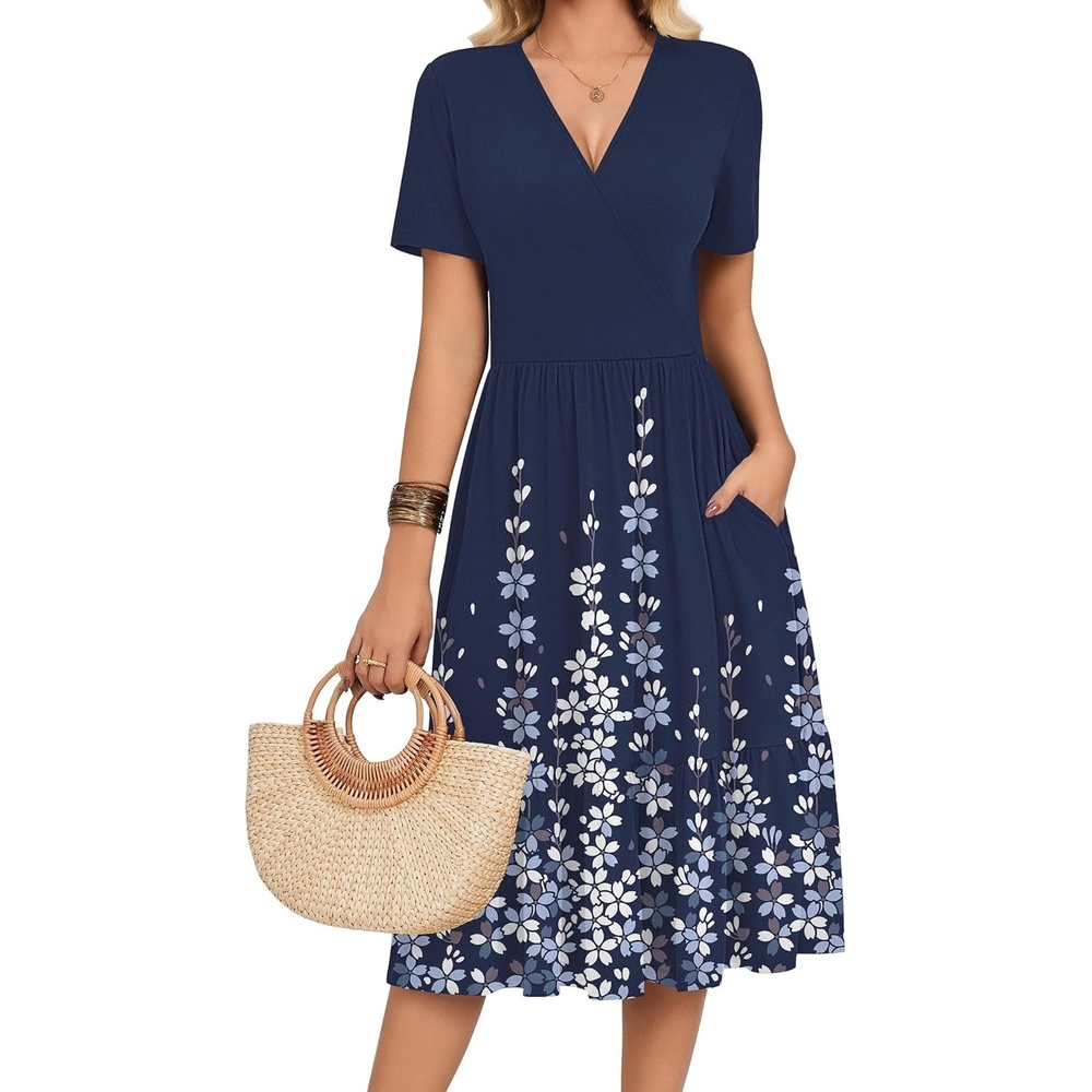 image:imageZeagoo Womens Summer Casual Dresses Short Sleeve Midi Warp VNeck Floral Dress with Pockets Tiered Flowy A Line SundressNavy Blue Floral