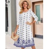 Zeagoo 3/4 Sleeve Women’s Dress Casual Flowy A-Line Midi Tshirt Dresses with Pockets Crewneck Vocation Boho Beach Sundress(White Ethnic Print)