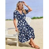 Zeagoo Womens Summer Casual Dresses Short Sleeve Midi Warp V-Neck Floral Dress with Pockets Tiered Flowy A Line Sundress(Blue White Floral)