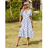 Zeagoo Womens Summer Casual Dresses Short Sleeve Midi Warp V-Neck Floral Dress with Pockets Tiered Flowy A Line Sundress(White Blue Floral)