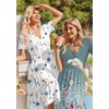 Zeagoo Womens Summer Casual Dresses Short Sleeve Midi Warp V-Neck Floral Dress with Pockets Tiered Flowy A Line Sundress(White Floral)