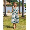 Zeagoo Womens Summer Casual Dresses Short Sleeve Midi Warp V-Neck Floral Dress with Pockets Tiered Flowy A Line Sundress(White Green Leaf)