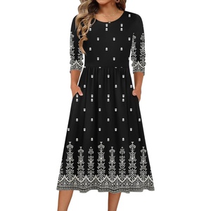 Zeagoo 3/4 Sleeve Women’s Dress Casual Flowy A-Line Midi Tshirt Dresses with Pockets Crewneck Vocation Boho Beach Sundress(Black Boho Print)