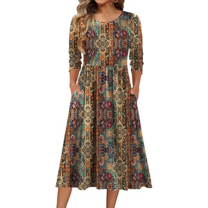 Zeagoo 3/4 Sleeve Women’s Dress Casual Flowy A-Line Midi Tshirt Dresses with Pockets Crewneck Vocation Boho Beach Sundress(Ethnic Boho Print)