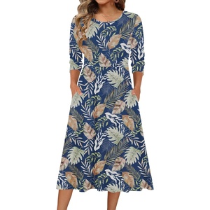 Zeagoo 3/4 Sleeve Women’s Dress Casual Flowy A-Line Midi Tshirt Dresses with Pockets Crewneck Vocation Boho Beach Sundress(Leaf Print)