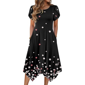 Zeagoo Womens Casual Dress for Summer Short Sleeve Loose Flowy Beach Dress with Pockets Hankerchief Flare Midi Sundress 2026(Black Sf236)