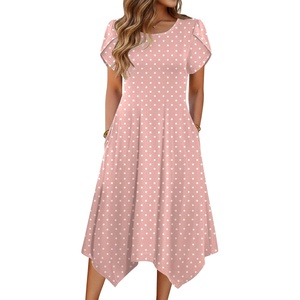 Zeagoo Womens Casual Dress for Summer Short Sleeve Loose Flowy Beach Dress with Pockets Hankerchief Flare Midi Sundress 2026(Pink Dot)