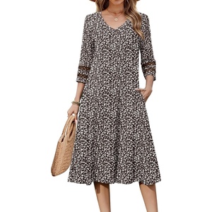 Zeagoo Women’s Dresses 3/4 Sleeve Summer Casual V-Neck A Line Flowy Eyelet Midi Dress for Women Beach Vacation Sundress(Brown Floral)