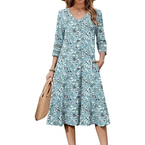 Zeagoo Women’s Dresses 3/4 Sleeve Summer Casual V-Neck A Line Flowy Eyelet Midi Dress for Women Beach Vacation Sundress(Green Floral)