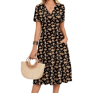 Zeagoo Womens Summer Casual Dresses Short Sleeve Midi Warp V-Neck Floral Dress with Pockets Tiered Flowy A Line Sundress(Black Orange Floral)