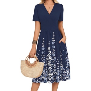 Zeagoo Womens Summer Casual Dresses Short Sleeve Midi Warp V-Neck Floral Dress with Pockets Tiered Flowy A Line Sundress(Navy Blue Floral)
