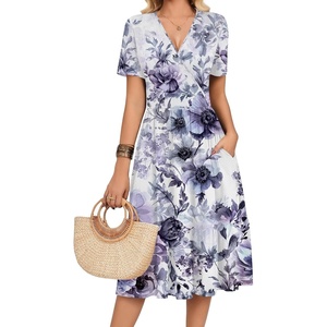 Zeagoo Womens Summer Casual Dresses Short Sleeve Midi Warp V-Neck Floral Dress with Pockets Tiered Flowy A Line Sundress(Purple Floral)