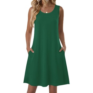 Zeagoo Summer Dresses for Women 2026 Sleeveless Casual Floral Tshirt Sundress with Pockets Loose Tank Beach Dress(Solid Green)