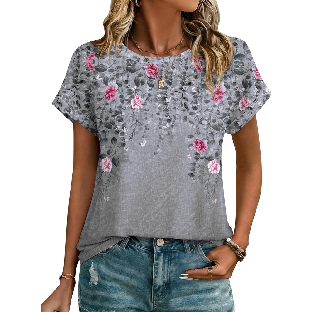 image:imageZeagoo Womens Tops Short Sleeve Cute Summer Blouses Crew Neck Dressy Casual T Shirts Work Clothes S2XLHf36grey