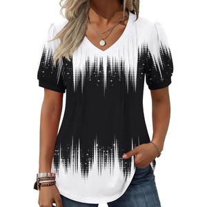 Zeagoo Women’s Puff Short Sleeve Boho Shirts Casual V Neck Floral Solid Summer Blouse Pleated Tunic Top(Black White Jb204)