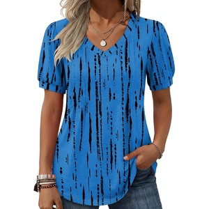 Zeagoo Women’s Puff Short Sleeve Boho Shirts Casual V Neck Floral Solid Summer Blouse Pleated Tunic Top(Zr459)