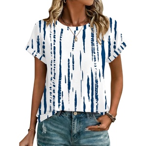 Zeagoo Womens Tops Short Sleeve Cute Summer Blouses Crew Neck Dressy Casual T Shirts Work Clothes S-2XL(Zr229- White Blue)