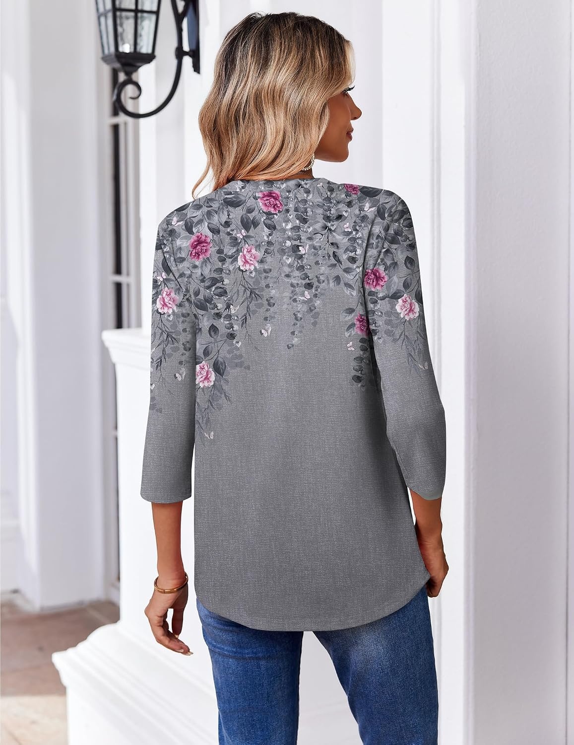 image:imageZeagoo 34 Length Sleeve Womens Tops Casual V Neck Pleated Top Boho Floral Blouses Work ShirtsFloral 36