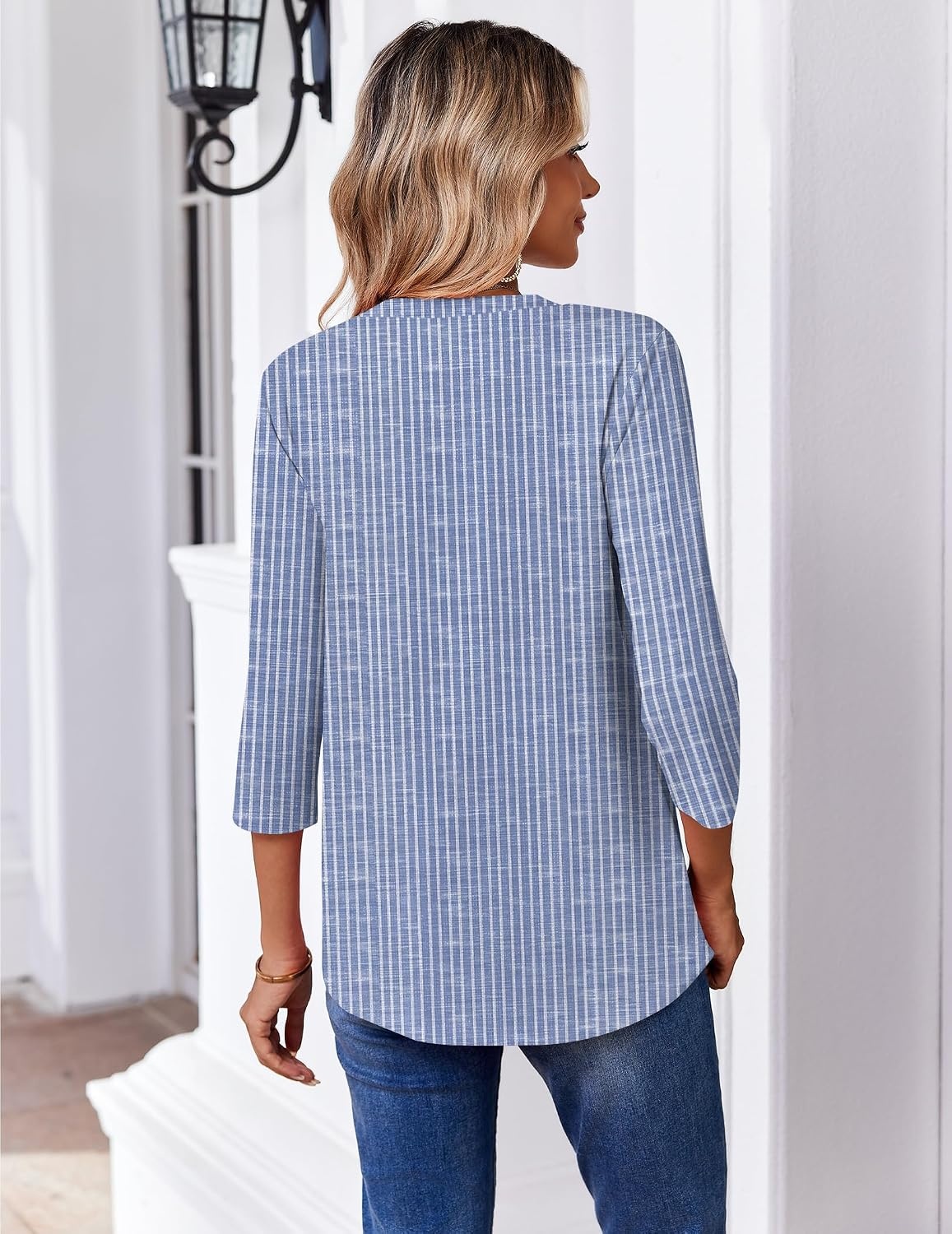 image:imageZeagoo 34 Length Sleeve Womens Tops Casual V Neck Pleated Top Boho Floral Blouses Work ShirtsStriped 273