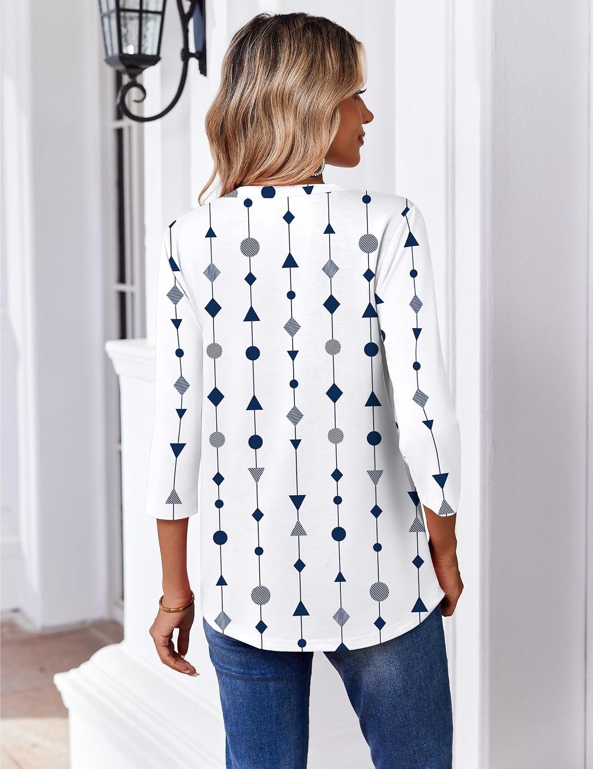 image:imageZeagoo 34 Length Sleeve Womens Tops Casual V Neck Pleated Top Boho Floral Blouses Work ShirtsWhite Striped 599