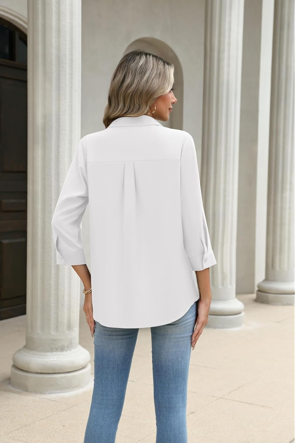 image:imageZeagoo Button Down Shirts for Women 34 Length Sleeve Work Tops V Neck Shirts Dressy Casual Business Blouses with PocketAawhite