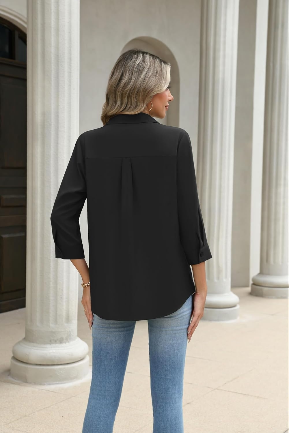 image:imageZeagoo Button Down Shirts for Women 34 Length Sleeve Work Tops V Neck Shirts Dressy Casual Business Blouses with PocketAblack