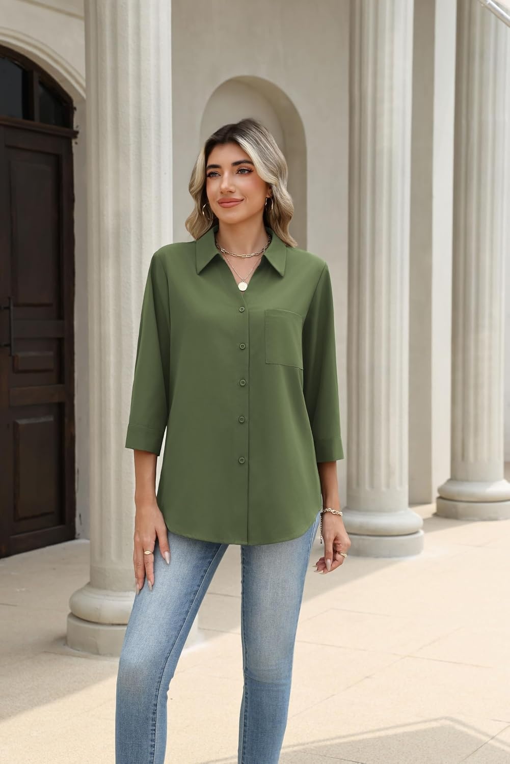 image:imageZeagoo Button Down Shirts for Women 34 Length Sleeve Work Tops V Neck Shirts Dressy Casual Business Blouses with PocketAgreen