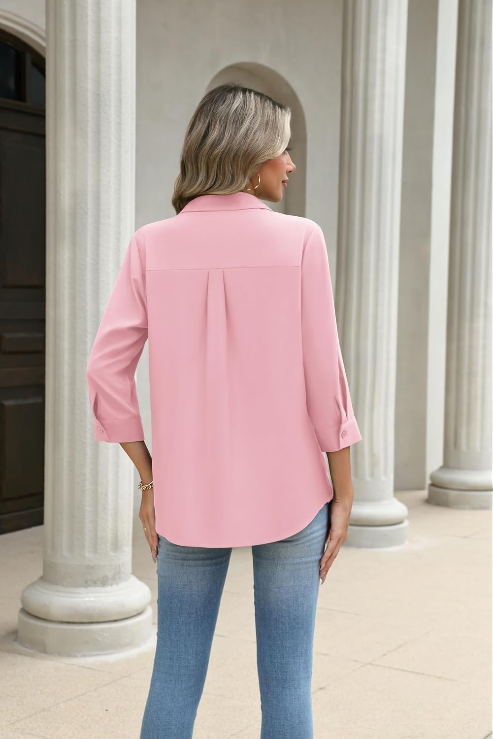 image:imageZeagoo Button Down Shirts for Women 34 Length Sleeve Work Tops V Neck Shirts Dressy Casual Business Blouses with PocketApink