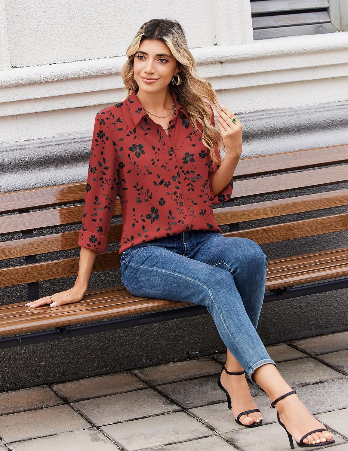 image:imageZeagoo Women Blouses Chiffon Long Sleeve Button Down Shirts Business Causal Dressy Work Top V Neck Summer Spring ClothesAblack Red Floral