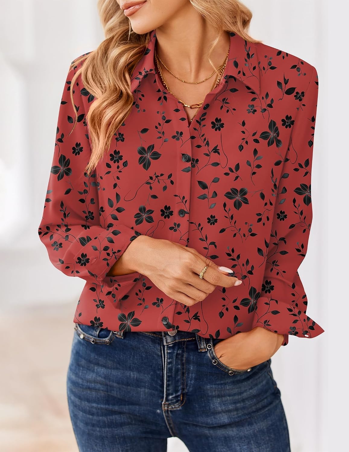 image:imageZeagoo Women Blouses Chiffon Long Sleeve Button Down Shirts Business Causal Dressy Work Top V Neck Summer Spring ClothesAblack Red Floral
