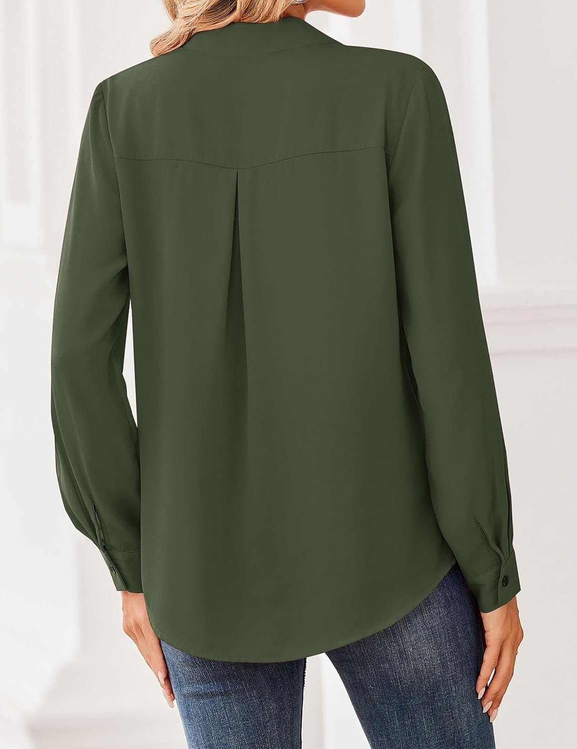 image:imageZeagoo Women Blouses Chiffon Long Sleeve Button Down Shirts Business Causal Dressy Work Top V Neck Summer Spring ClothesArmy Green