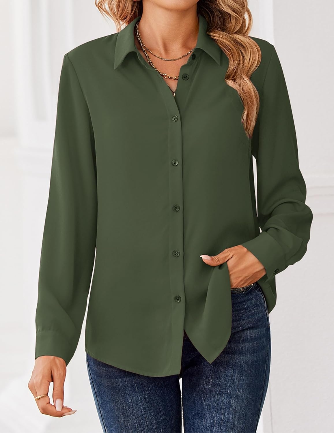 image:imageZeagoo Women Blouses Chiffon Long Sleeve Button Down Shirts Business Causal Dressy Work Top V Neck Summer Spring ClothesArmy Green