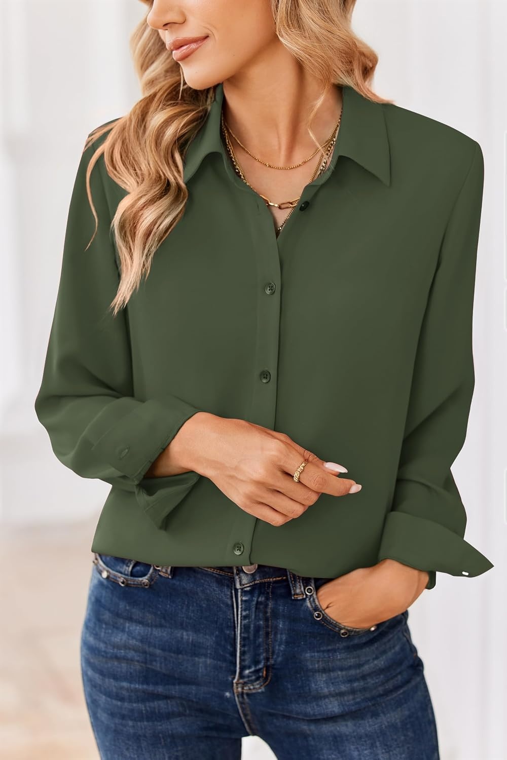 image:imageZeagoo Women Blouses Chiffon Long Sleeve Button Down Shirts Business Causal Dressy Work Top V Neck Summer Spring ClothesArmy Green