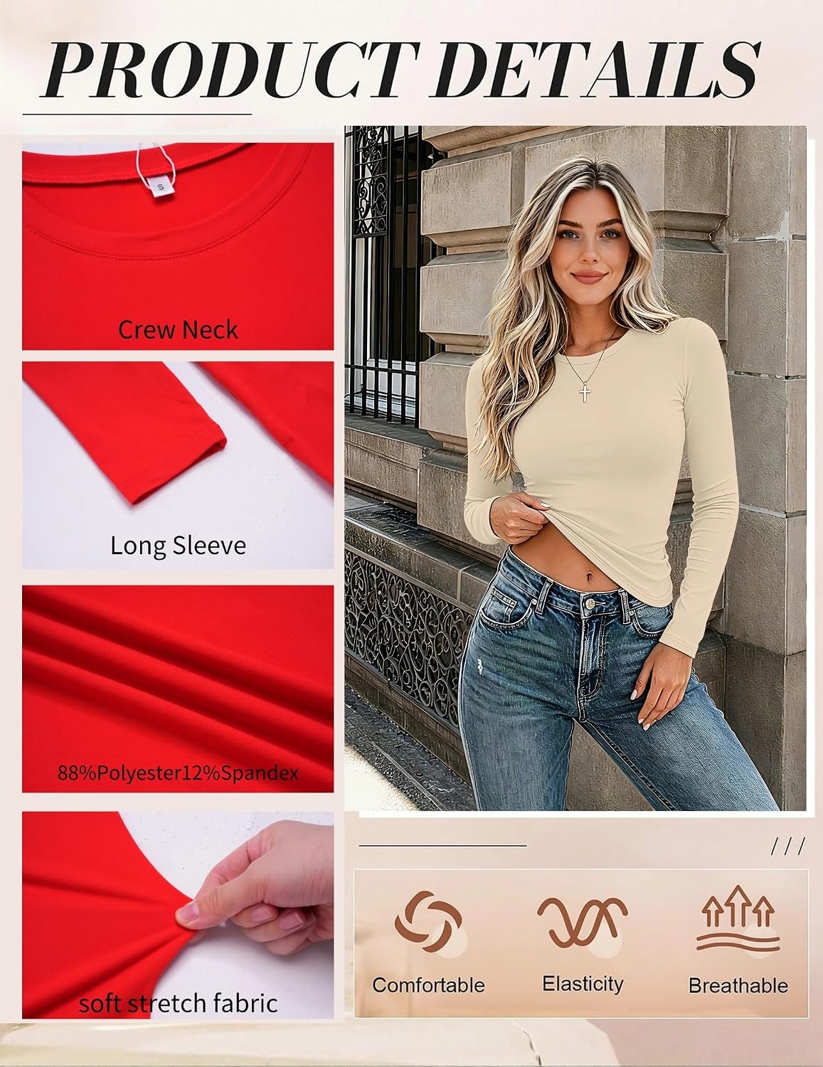 image:imageZeagoo Women Long Sleeve Shirts Fitted Going Out Tops Crop Basic Tee Casual Work Clothes Trendy Fall Outfits XSXLBeige
