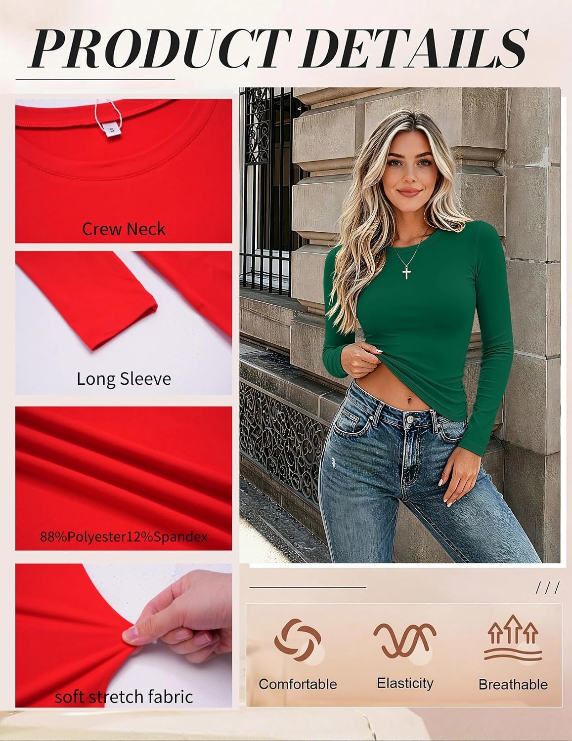 image:imageZeagoo Women Long Sleeve Shirts Fitted Going Out Tops Crop Basic Tee Casual Work Clothes Trendy Fall Outfits XSXLGreen