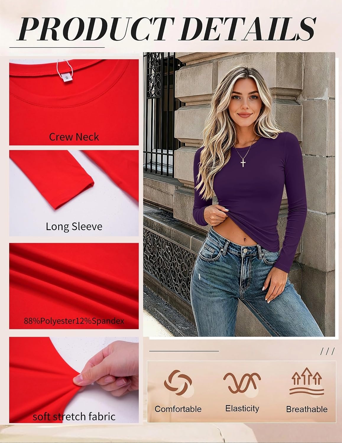 image:imageZeagoo Women Long Sleeve Shirts Fitted Going Out Tops Crop Basic Tee Casual Work Clothes Trendy Fall Outfits XSXLPurple