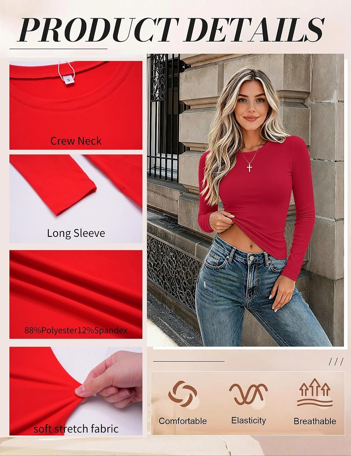 image:imageZeagoo Women Long Sleeve Shirts Fitted Going Out Tops Crop Basic Tee Casual Work Clothes Trendy Fall Outfits XSXLRed