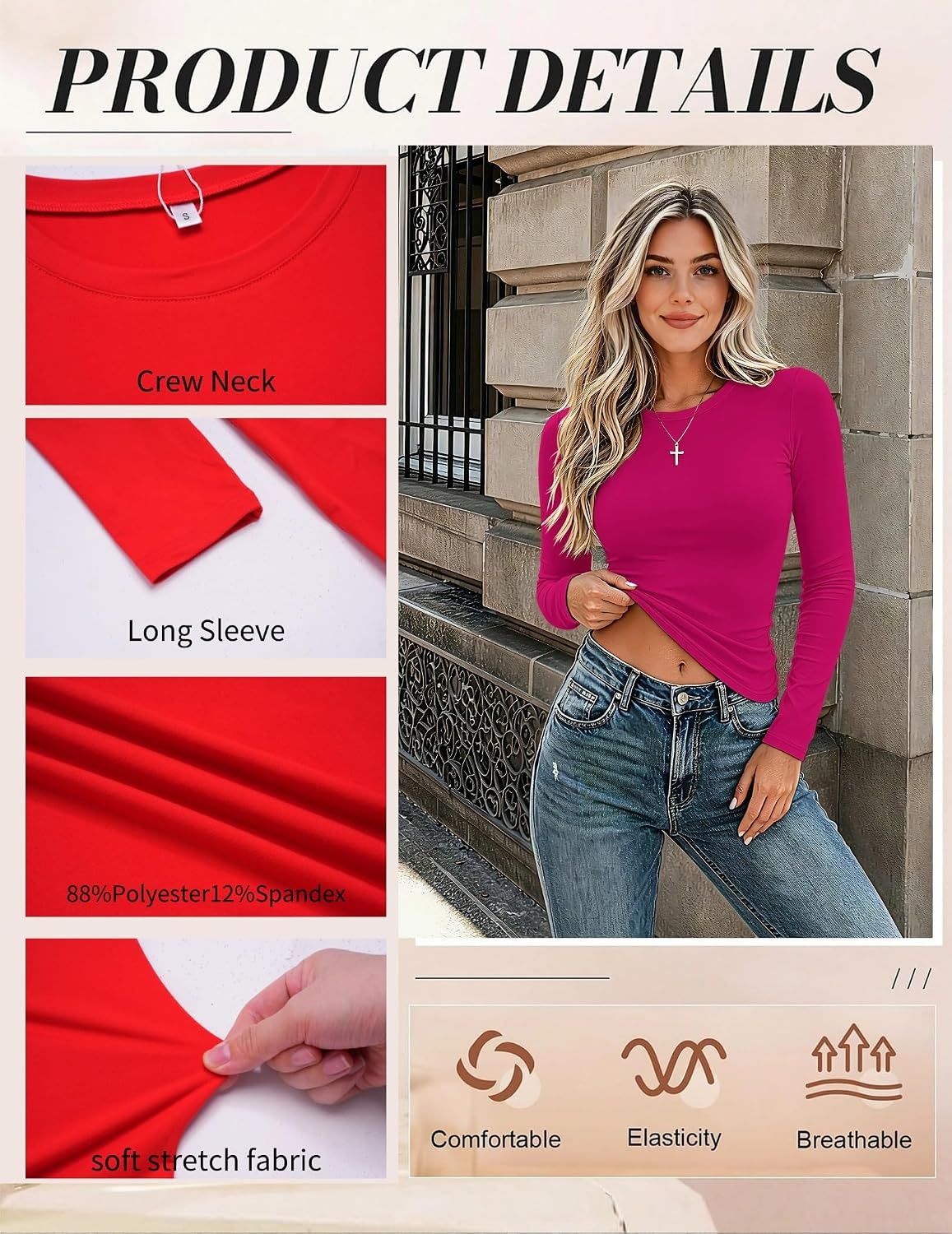 image:imageZeagoo Women Long Sleeve Shirts Fitted Going Out Tops Crop Basic Tee Casual Work Clothes Trendy Fall Outfits XSXLRose Red