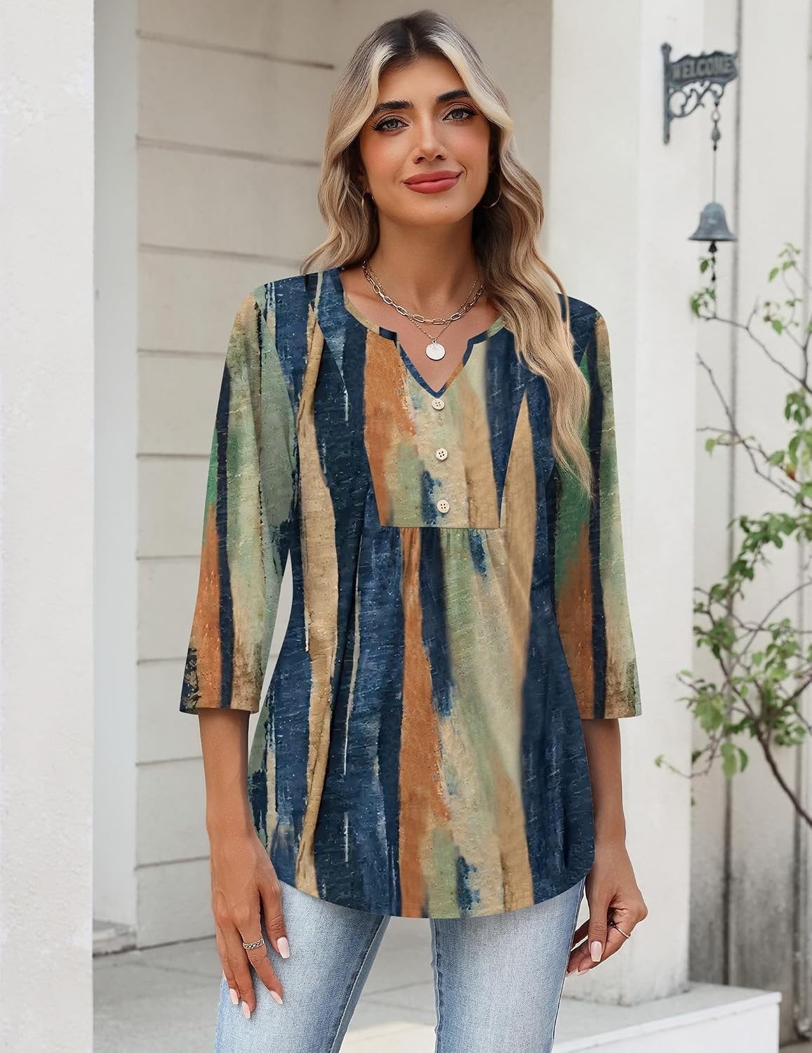 image:imageZeagoo Womens 34 Length Sleeve Tops V Neck Dressy Casual T Shirts Pleated Business Work Blouses Basic Tees S3XLCx289
