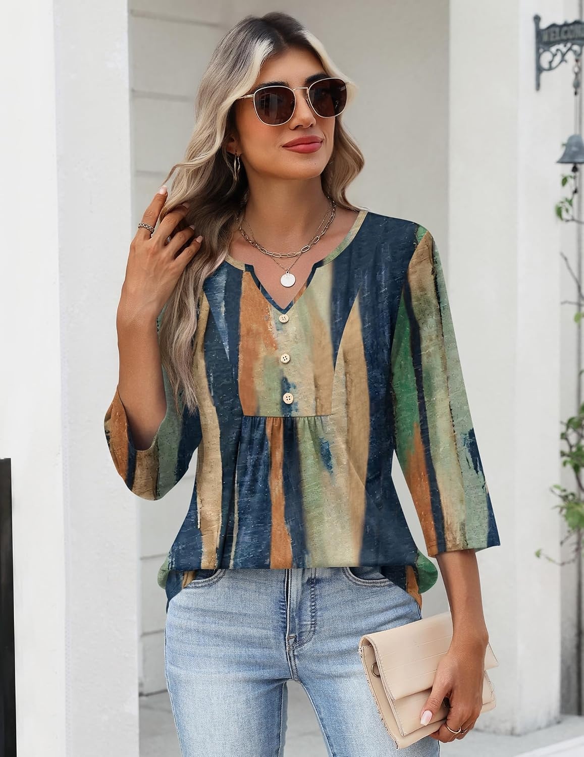 image:imageZeagoo Womens 34 Length Sleeve Tops V Neck Dressy Casual T Shirts Pleated Business Work Blouses Basic Tees S3XLCx289