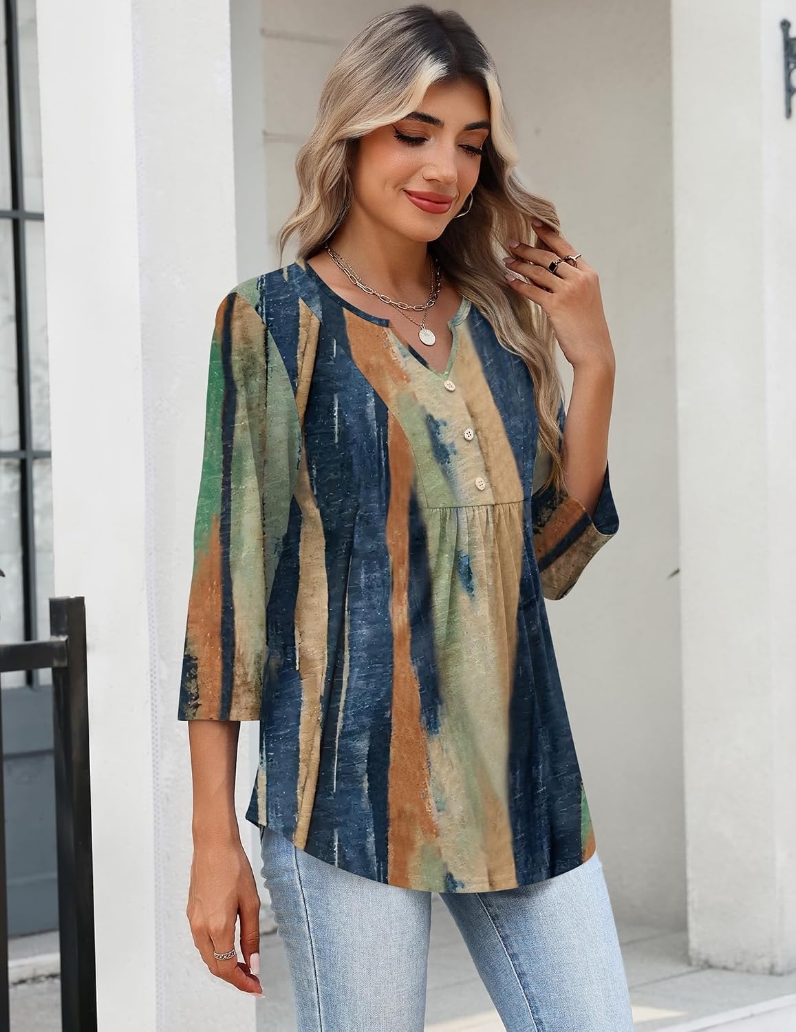 image:imageZeagoo Womens 34 Length Sleeve Tops V Neck Dressy Casual T Shirts Pleated Business Work Blouses Basic Tees S3XLCx289
