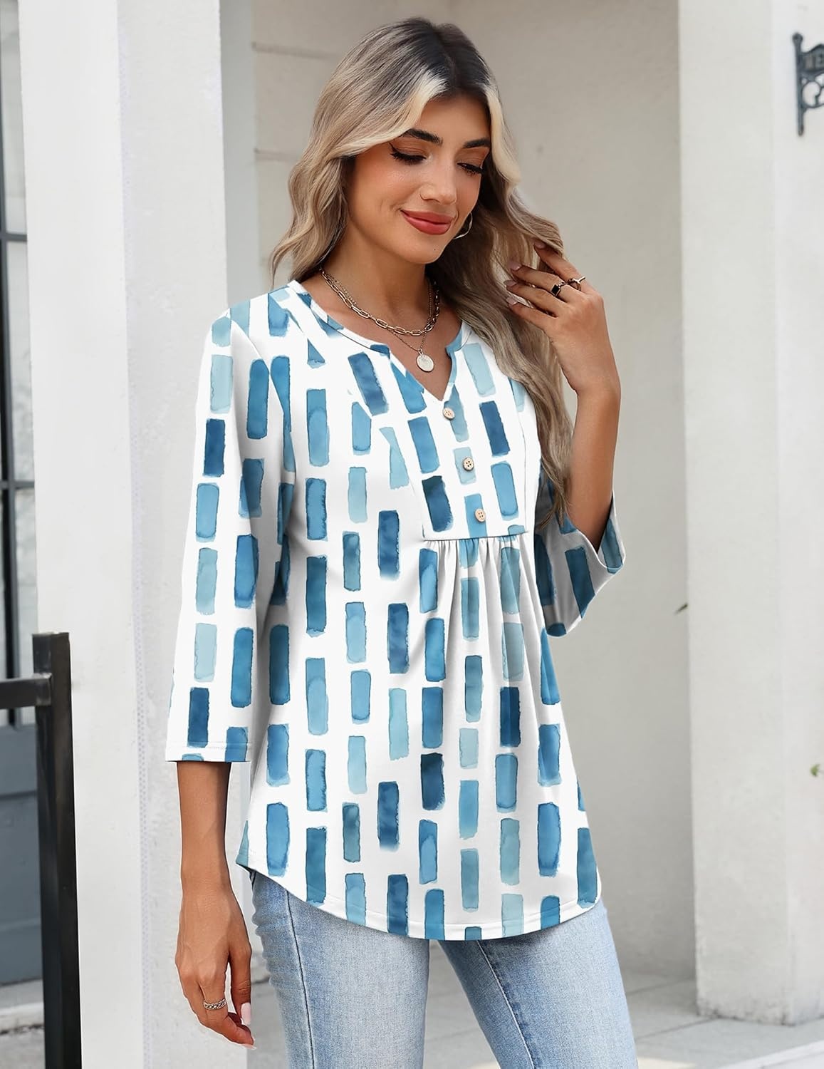 image:imageZeagoo Womens 34 Length Sleeve Tops V Neck Dressy Casual T Shirts Pleated Business Work Blouses Basic Tees S3XLCx329