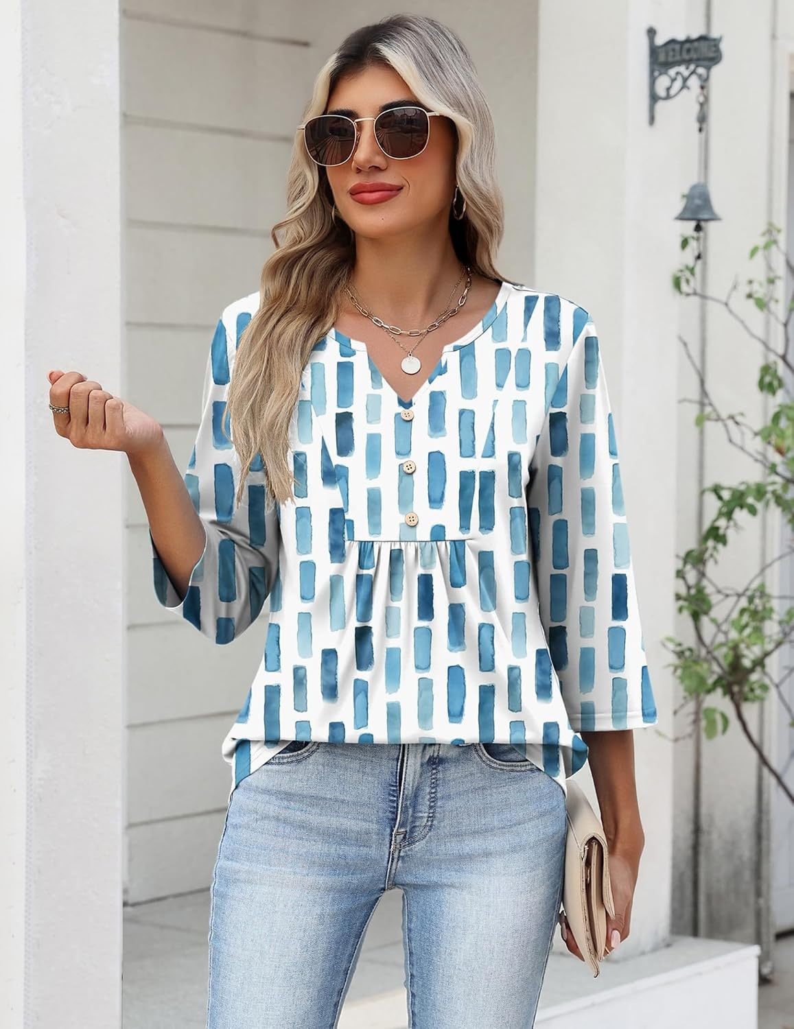 image:imageZeagoo Womens 34 Length Sleeve Tops V Neck Dressy Casual T Shirts Pleated Business Work Blouses Basic Tees S3XLCx329