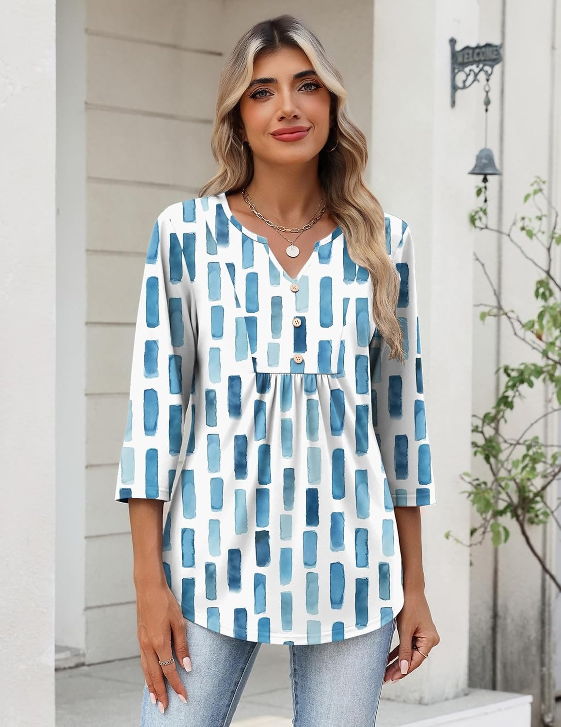 image:imageZeagoo Womens 34 Length Sleeve Tops V Neck Dressy Casual T Shirts Pleated Business Work Blouses Basic Tees S3XLCx329